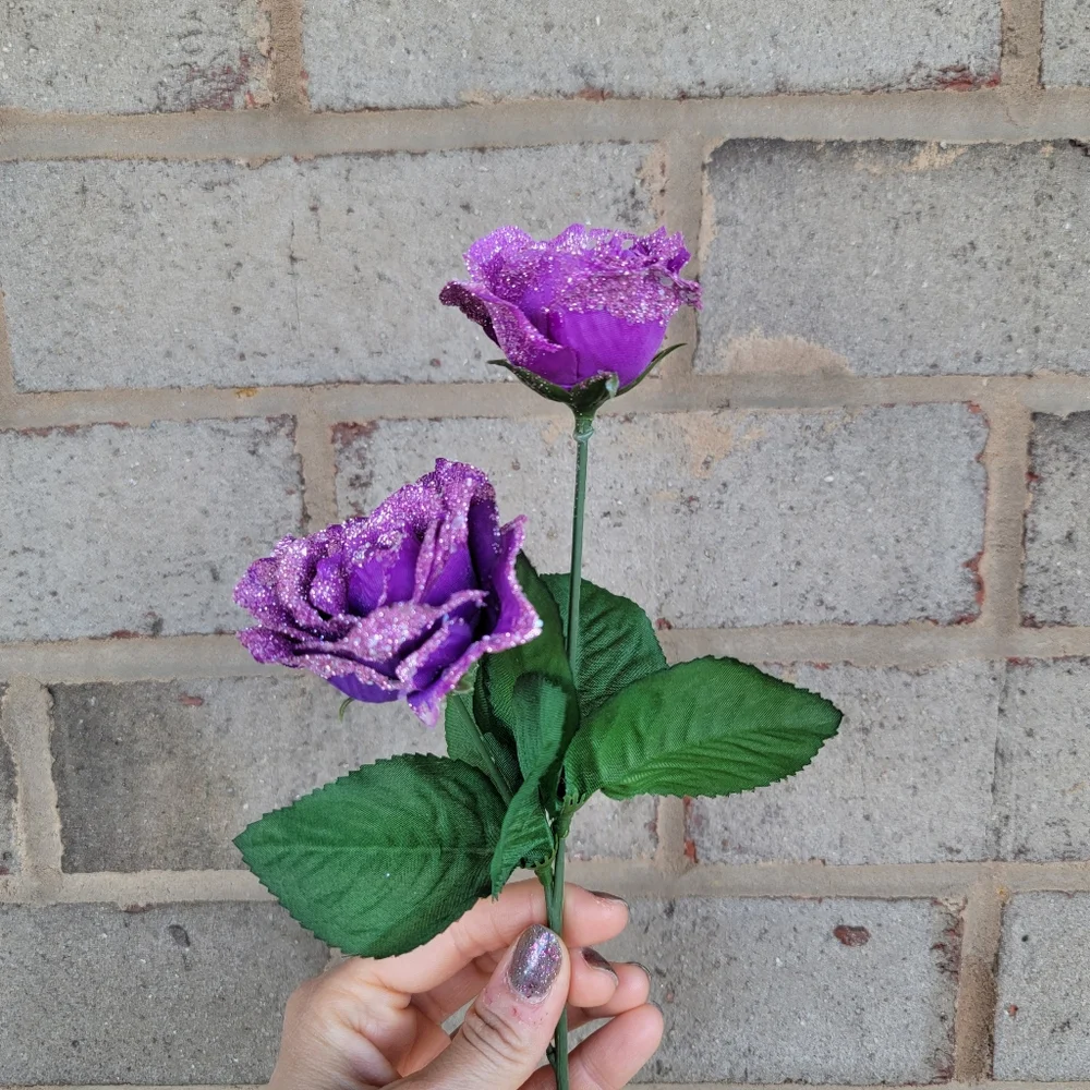 Handmade Purple Glitter Faux Rose Stems Artificial Flowers Sparkly Floral Decor